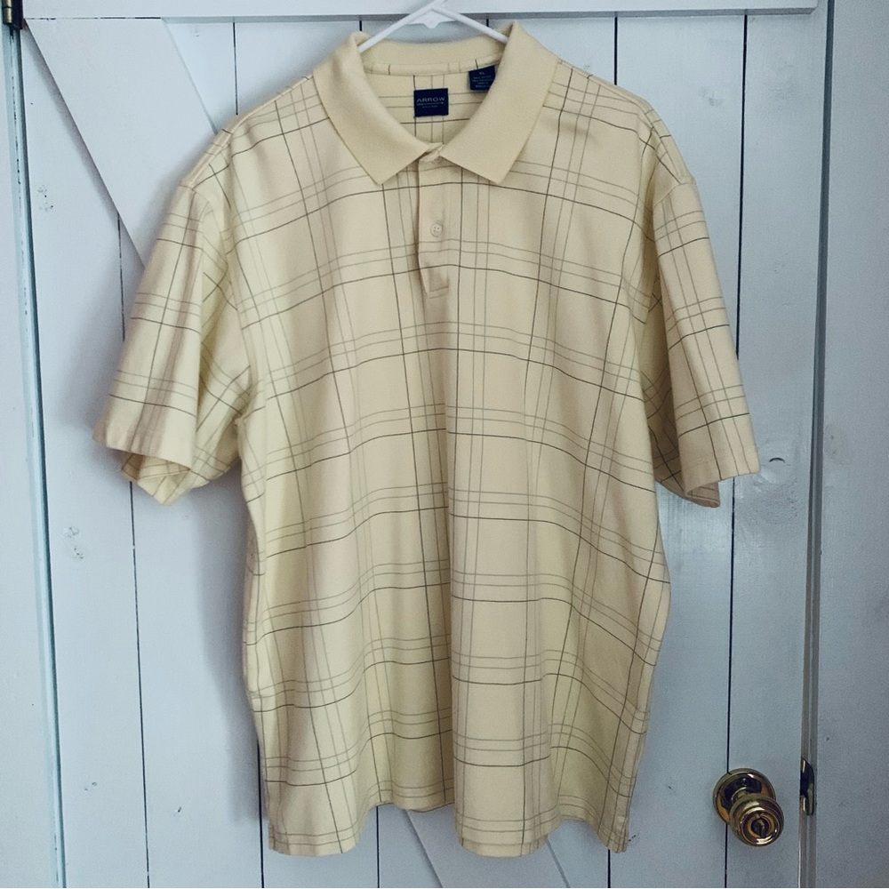 Tennis Polo Shirt Short Sleeve Button Down Collar Polo Men's XL Yellow Plaid